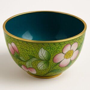Cloisonne Enamel Vintage Chinese Decorative Bowl With Floral Design & Gold Accen